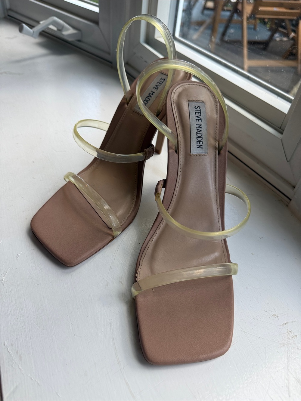 Steve Madden Taupe Square-Toe Heeled Sandals with Clear Straps